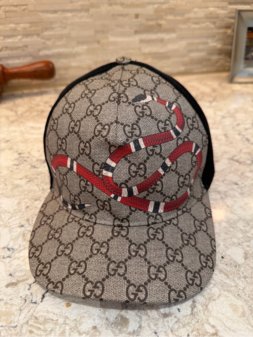 Gg Supreme Monogram Kingsnake Print Baseball Hat Xl Beige